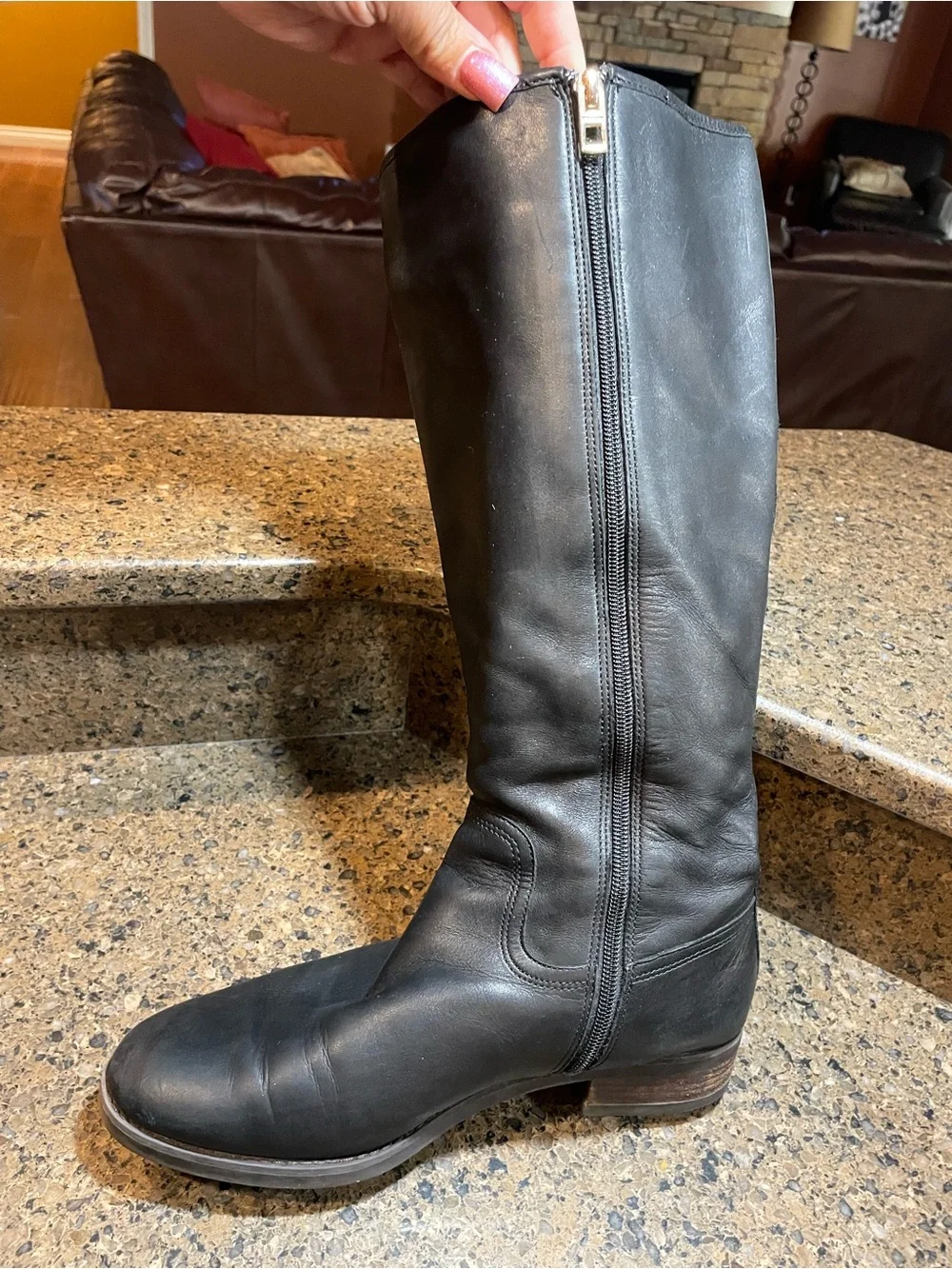 Coach Easton Black Calf Leather Tall Riding Boots Sz 9 Gold Accented Logo Buckle